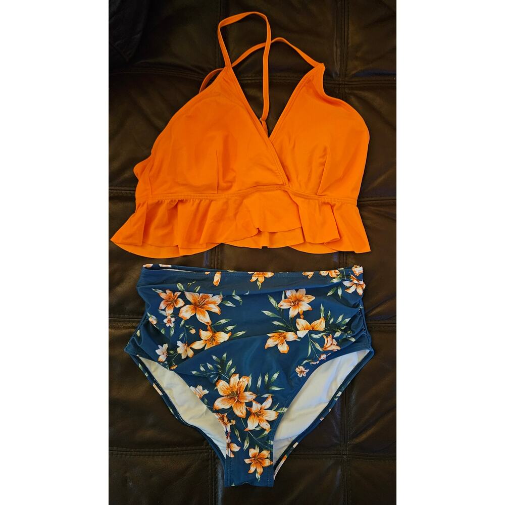 Women's Two Piece Swimsuit w/ Ruffle Top & High Waisted Bottoms